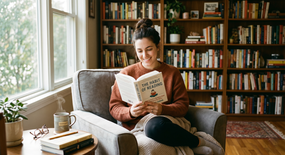A person sitting with a cup of tea and a book, building a reading habit